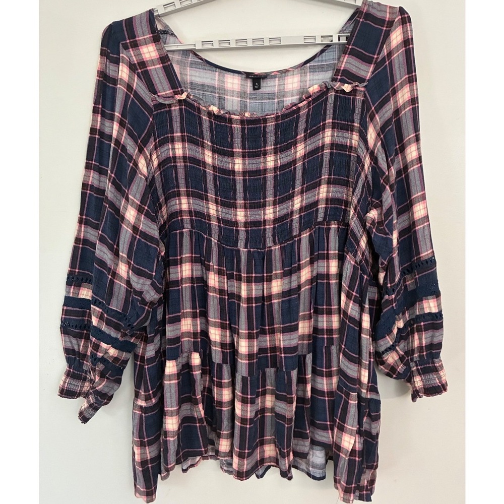 Torrid Plaid Babydoll Top Womens 6 Navy Pink Lace Tiered Ruffle Blouse